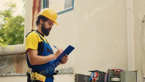 Technik w kasku sporządzający notatki podczas audytu energetycznego przy urządzeniu na zewnątrz budynku