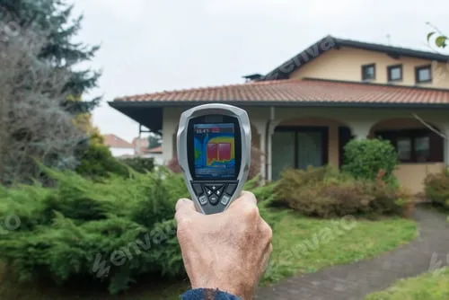 Dłoń trzyma kamerę termowizyjną skierowaną na elewację i okna domu jednorodzinnego