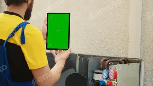 Technik przy jednostce zewnętrznej z manometrami odczytuje dane serwisowe na tablecie